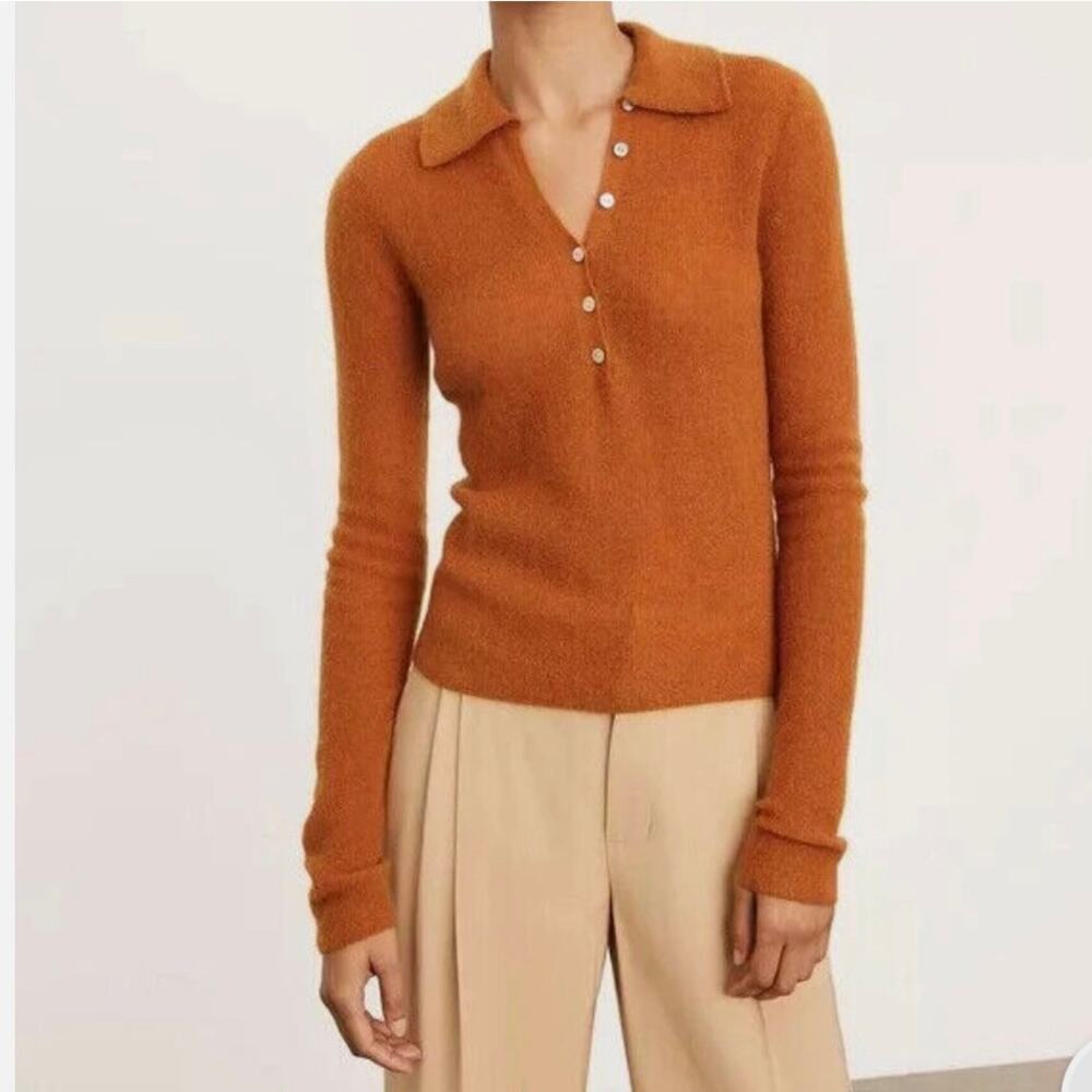 VINCE Henley Polo Mohair Pullover Sweater L Mandarin Peel Quiet Luxury Preppy